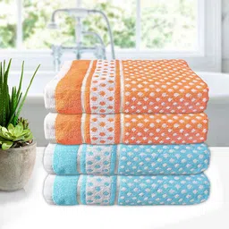 Kuber Industries Set of 4 Orange & Blue Printed 400 GSM Pure Cotton Bath Towels-96