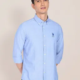 U S Polo Assn Men Light Blue Embroidered Tailored Fit Pure Cotton Casual Shirt-image-68
