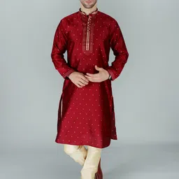 Exotic India Mandarin Collar Woven Design Regular Straight Kurta with Churidar-picture-10