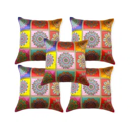 MONKDECOR Pink & Yellow 5 Pieces Floral Square Cushion Cover-58