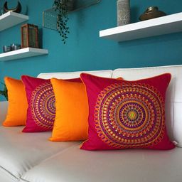 TARA- Sparkling Homes Pink & Blue 4-Pieces Embroidered Cotton Silk Square Cushion Covers-19