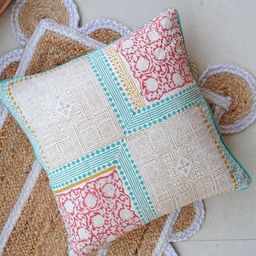 Art Avenue Ophelia White & Pink Ethnic Motifs Printed Cotton Square Cushion Cover-image-24