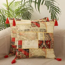 Jamio Firati Beige & Red 2 Pieces Embroidered Square Cotton Cushion Covers-image-18