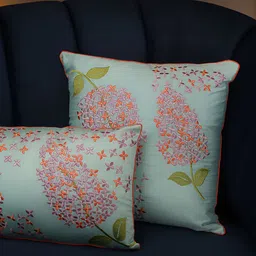 Perenne Design Turquoise Blue & Red Floral Embroidered Silk Square Cushion Cover-16