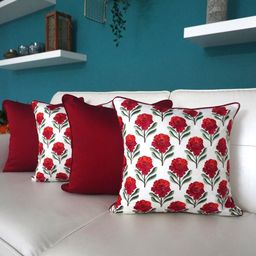 TARA- Sparkling Homes White & Maroon 4 Pieces Floral Printed Square Cushion Covers-13