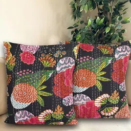 Bohekant Black & Pink 2Pcs Embroidered Cotton  Square Cushion Covers-image-28