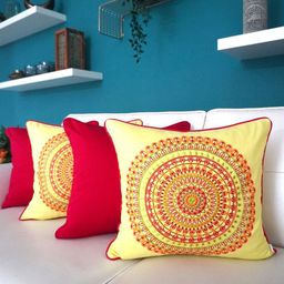 TARA- Sparkling Homes Yellow & Green 4-Pieces Embroidered Square Cushion Covers-image-7