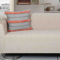 Ode & Cleo Grey & Orange Colored Embroidered Pure Cotton Square Cushion Cover-54