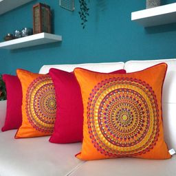 TARA- Sparkling Homes Orange & Blue 4 Pieces Embroidered Cotton Silk Square Cushion Covers-picture-10