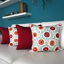 TARA- Sparkling Homes White & Red 4 Pieces Embroidered Cotton Silk Square Cushion Covers-image-53