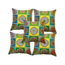 MONKDECOR Yellow & Green 5 Pieces Floral Square Cushion Covers-24