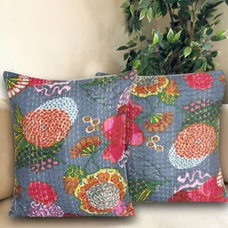 Bohekant Grey & Pink 2Pcs Embroidered Cotton Square Cushion Covers-image-25