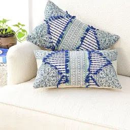Art Avenue Blue & White Embroidered Cotton Rectangle Cushion Cover-image-72