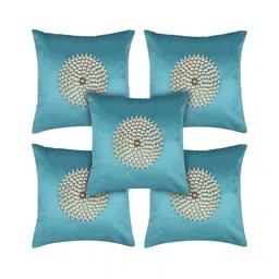 TANLOOMS Sea Green & Silver-Toned Set of 5 Embellished Velvet Square Cushion Covers-19