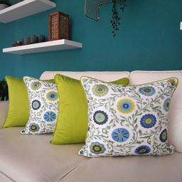 TARA- Sparkling Homes White & Green 4 Pieces Embroidered Cotton Silk Square Cushion Covers-picture-28