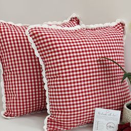 SLEEPY THREADS Red & White Set of 2 Checked Square Cushion Covers-18
