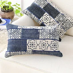 Art Avenue Off White & Blue Ethnic Motifs Cotton Rectangle Cushion Cover-image-82