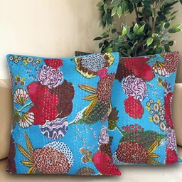Bohekant Turquoise Blue & Pink 2Pcs Embroidered Cotton  Square Cushion Covers-19