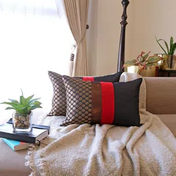 ANS Black & Red 2-Pieces Ethnic Motifs Rectangle Brocade Cushion Covers-47