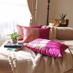 ANS Pink & Gold-Toned 3-Pieces Ethnic Motifs Rectangle Brocade Cushion Covers-image-1