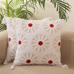 Jamio Firati White & Red 2 Pieces Floral Embroidered Square Cotton Cushion Covers-21