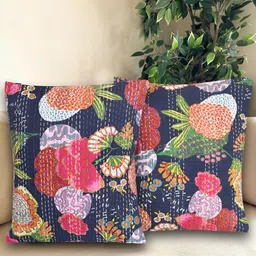 Bohekant Navy Blue & Pink 2Pcs Embroidered Cotton Square Cushion Covers-image-29