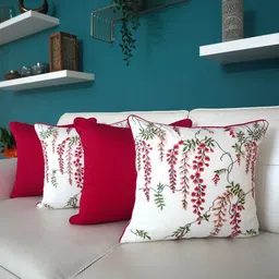 TARA- Sparkling Homes Pink & White 4-Pieces Embroidered Cotton SIlk Square Cushion Covers-31