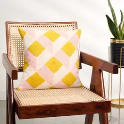 Living scapes by Pantaloons Peach & Yellow Checked Square Cushion Cover-image-58
