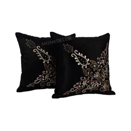 MONKDECOR Black & Gold-Toned 2 Pieces Embellished Velvet Square Cushion Covers-56