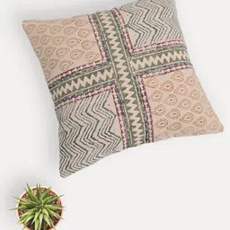 Art Avenue Beige & Blue Geometric Embroidered Square Cotton Cushion Cover-image-24