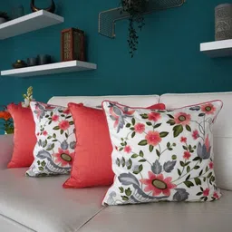 TARA- Sparkling Homes Pink & White 4 Pieces Embroidered Cotton Silk Square Cushion Covers-57