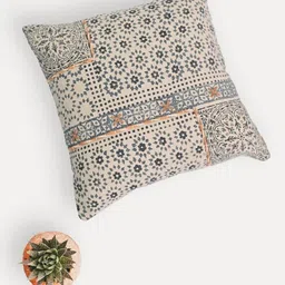 Art Avenue Cream-Coloured & Blue Ethnic Motifs Cotton Square Cushion Cover-image-22