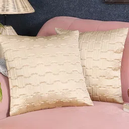 MFD HOME FURNISHING Beige 2 Pieces Self Design Satin Square Cushion Covers-4