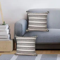 Mezposh Off White & Black 2 Pcs Striped Square Cushion Covers-27