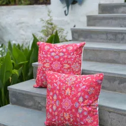 ABSTRACT INDIA Blue & Pink Floral Cotton Square Cushion Cover-image-39