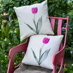 ABSTRACT INDIA White & Pink Floral Printed Cotton Square Cushion Cover-image-62