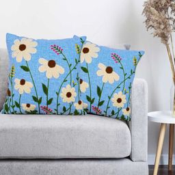 Vinayaka Fab Turquoise Blue & White 2 Pieces Floral Embroidered Linen Square CushionCovers-image-83