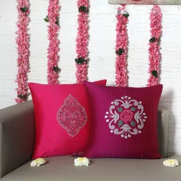 ZEBA Magenta & White 2 Pieces Embroidered Square Cushion Covers-image-6