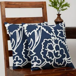 TARAN LIVING Navy Blue & White 2 Pieces Cotton Embroidered Square Cushion Covers-14