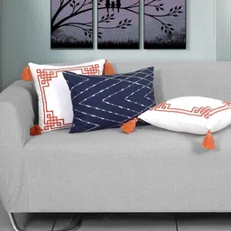 Ode & Cleo Blue & White 3-Pieces Embroidered Pure Cotton Square Cushion Covers-image-32