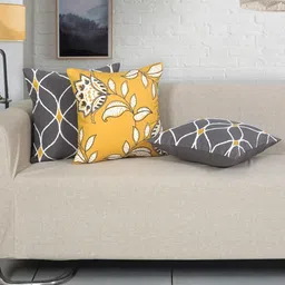 Ode & Cleo Grey & Yellow 3 Pcs Embroidered Pure Cotton Square Cushion Covers-image-54