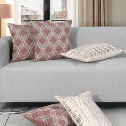 Ode & Cleo Rust Brown & Off White 5 Pcs Embroidered Pure Cotton Cushion Covers-11