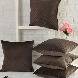 HOMADORN Brown 3 Pieces Checked Velvet Square Cushion Covers-1