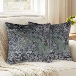 Tesmare Green & Grey 2 Pieces Ethnic Motifs Printed Velvet Square Cushion Covers-2