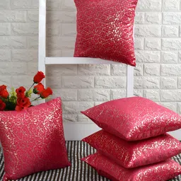 BIGGER FISH Pink & Gold-Toned 5Pcs Self Design Velvet Square Cushion Covers-image-10