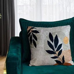 Tasseled Home Beige & Green Floral Velvet Square Cushion Cover-image-44