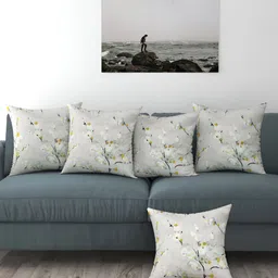 BIGGER FISH Grey & White 5 Pieces Printed Velvet Square Cushion Covers-image-86