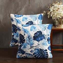 Soumya White & Blue 2 Pieces Floral Printed Quilted Square Velvet Cushion Covers-image-71