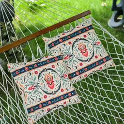 ABSTRACT INDIA Cream & Green 2 Pieces Printed Cotton Square Cushion Covers-7