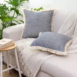 House This Set of 2 Blue & Cream Self Design Cotton Square Cushion Covers-image-31